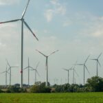 Windpark mit zahlreichen Windenergieanlagen über Feldern und Baumreihen – Windparkflächen bewerten heißt Genehmigung, Nutzungsentgelt und Rückbau zu erfassen