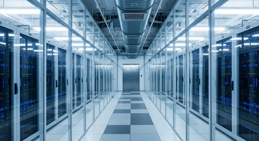 Kaltgang eines Rechenzentrums mit Serverracks hinter Glastüren und Kühlkanälen an der Decke – Technik und Kühlkonzept bestimmen mit, wie Sachverständige Rechenzentren bewerten