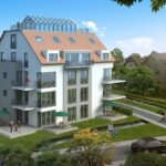 Visualisierung eines Mehrfamilienhauses mit Balkonen und Gartenanlage – typisches Bewertungsobjekt im Ertragswertverfahren