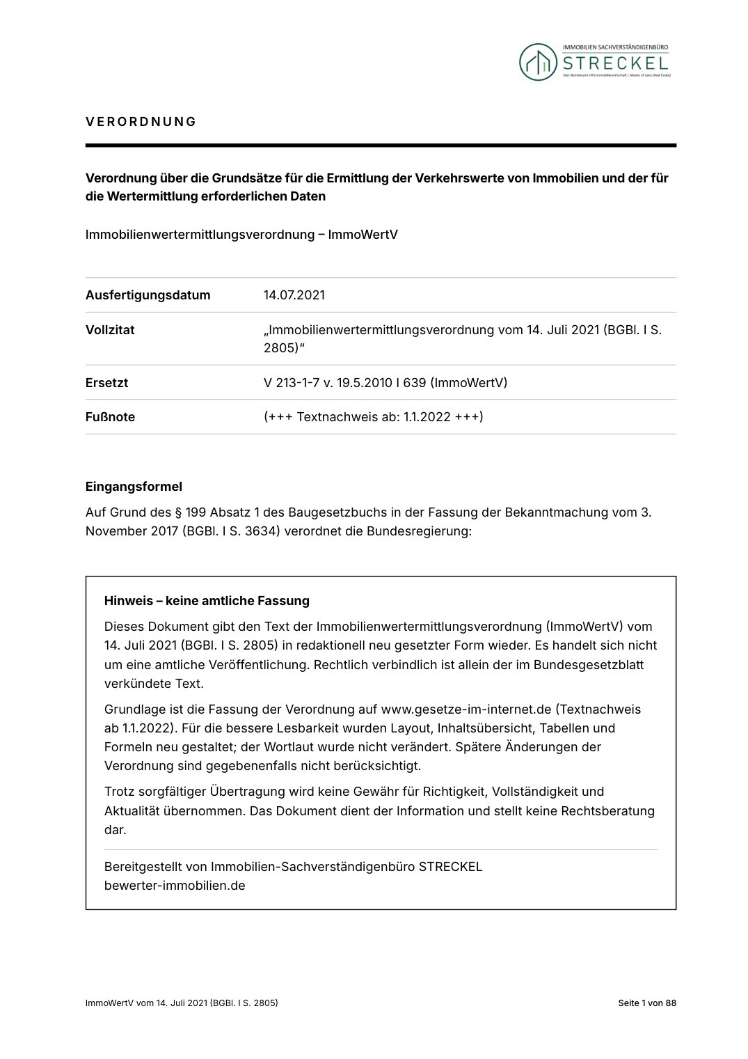 Titelseite der ImmoWertV-Lesefassung des Immobilien-Sachverständigenbüros STRECKEL