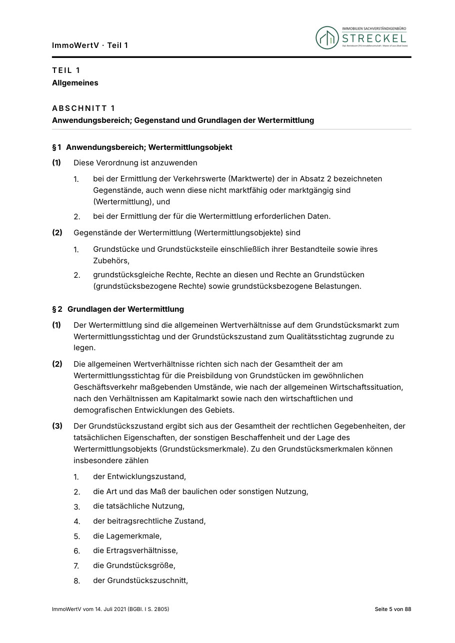 Seite aus Teil 1 der ImmoWertV mit § 1 und § 2