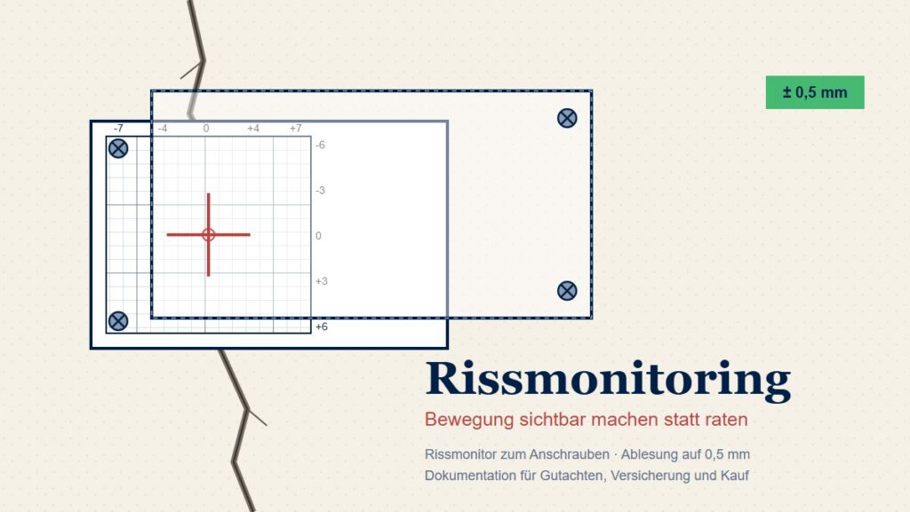 Rissmonitor zum Anschrauben über einem Riss im Mauerwerk – Raster und Fadenkreuz zeigen die Bewegung auf 0,5 mm genau
